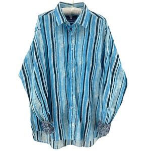 David Smith Australia Men XXL Shirt Blue Stripes Vivid Natural Dye Flip Cuff Art